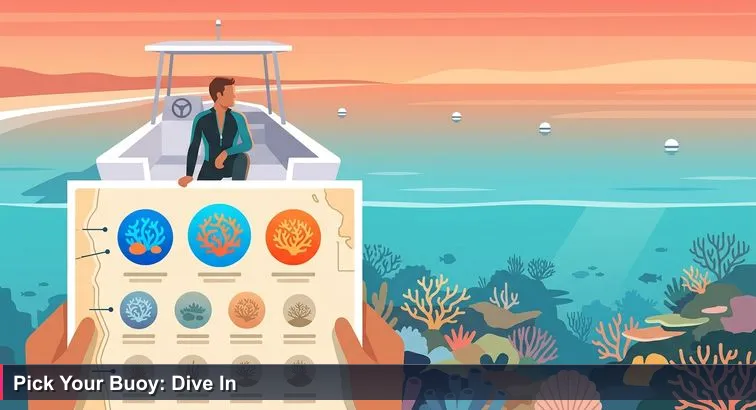 Diver on a small boat off Seven Mile Beach holding a sun-faded laminated “Top 10 Cayman Dive Sites” card; turquoise water reveals a reef sprawling beyond the map and mooring buoys.