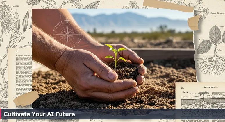 Hands testing sandy desert soil at sunrise with a green seedling and Santa Rosa Mountains, symbolizing AI career growth in Indio, CA's unique environment.