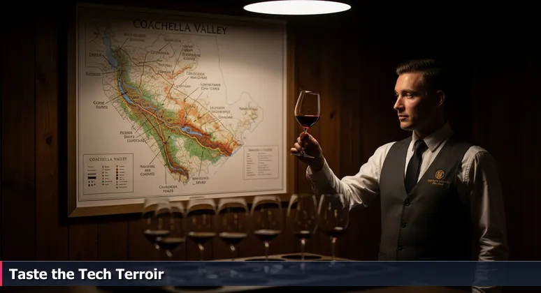 A sommelier in a tasting room holding a glass of red wine, with a map of Coachella Valley on the wall symbolizing the blend of tech careers and local terroir in Indio.