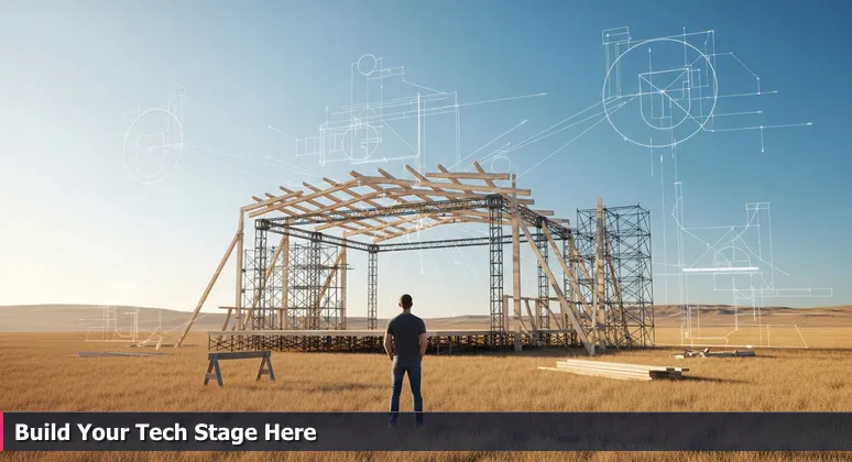 A determined individual gazing at an empty stage under construction in the Coachella Valley desert, symbolizing emerging tech opportunities in Indio, CA.