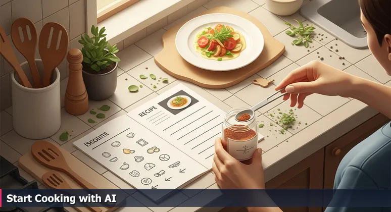 Hands measuring ingredients in a sunny kitchen with a recipe card and finished dish, symbolizing the step-by-step journey to AI engineering in Indio, CA.