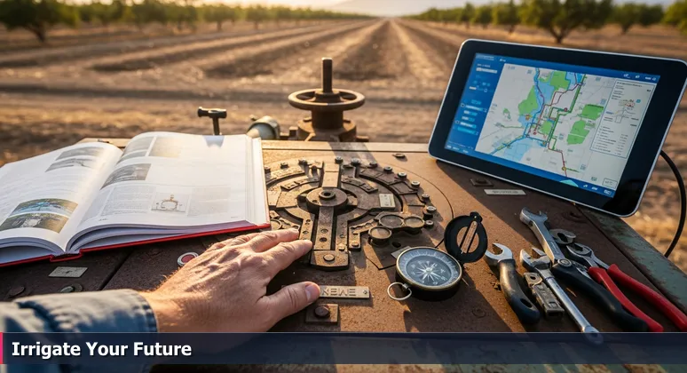 Sun-worn hand touching an old irrigation control panel with a glowing digital screen in a Coachella Valley date grove, symbolizing funding for tech training.
