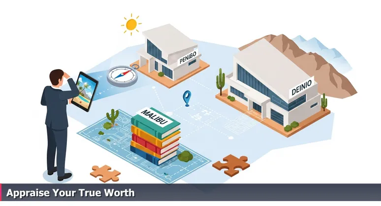 A real estate appraiser holds a tablet showing a Malibu beachfront while standing before a modern Indio home, illustrating the error of using coastal salary benchmarks for local AI careers.