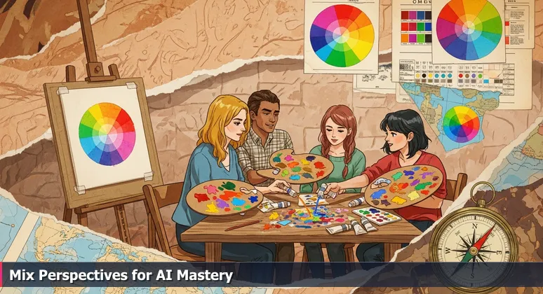 A group of people in a desert artist's studio collaboratively mixing paints, symbolizing AI community networking in Indio, California for 2026.