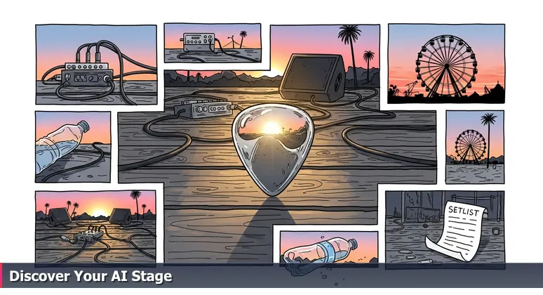 Desert festival stage at dusk with a guitar pick on the ground and Ferris wheel silhouette against a pink sky, symbolizing AI career opportunities in Indio, CA.
