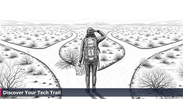 A hiker at a desert crossroads in Indio, California, holding a map and looking at multiple trails, representing tech career choices in the Coachella Valley.