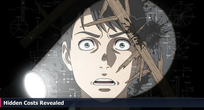 A close-up of a person's stunned face illuminated by a flashlight beam, revealing cracked foundation beams in a dark crawl space, symbolizing hidden living costs in Indio, CA.