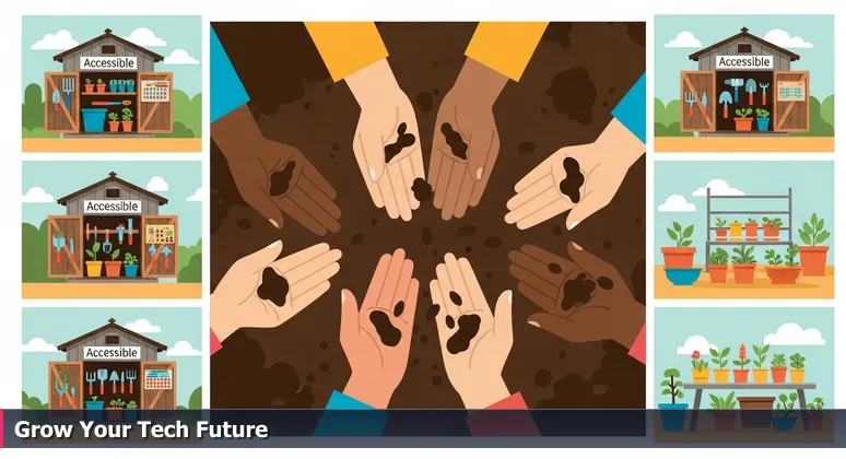 Close-up of diverse hands planting seeds in a community garden in Indio, CA, with an open tool shed in the background, symbolizing accessible tech training resources.