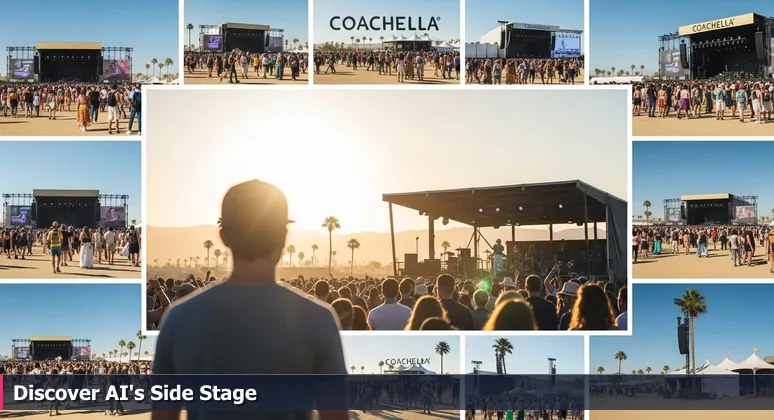 A festivalgoer at Coachella in Indio, CA, captivated by an intimate performance on a sun-drenched side stage, symbolizing the discovery of AI career opportunities in local industries.