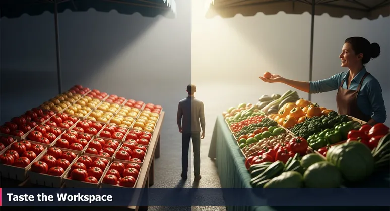 A person at a Coachella Valley farmer's market, choosing between neatly ranked produce baskets and a farmer offering a hands-on sample, symbolizing the search for the ideal tech workspace in Indio.