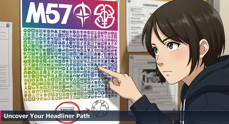 A sun-faded Coachella Festival lineup poster on a community college bulletin board, with a circled tech job title in small font and a handwritten note about career growth.