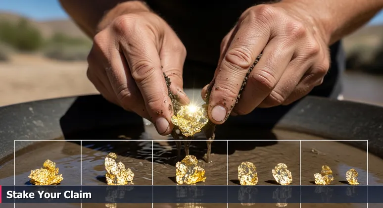 Weathered hands panning for gold in a desert stream, symbolizing the search for junior developer jobs in Indio's hidden tech startups.