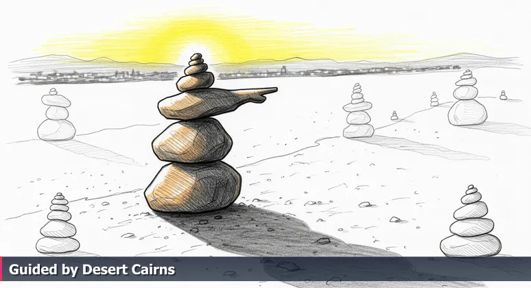 A cairn of stones on a desert path at sunset, symbolizing guidance for women in tech communities in Indio, CA.