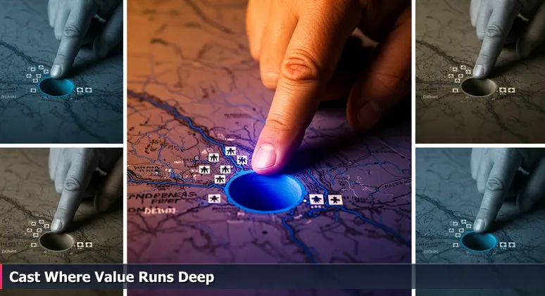 A weathered hand traces a topographical map of the Arkansas River, pointing to a deep blue eddy symbolizing high-paying tech jobs in Little Rock, with crowded piers in the background.
