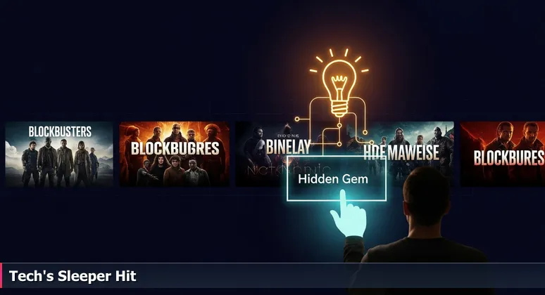 A digital illustration of a hand scrolling on a laptop, highlighting 'Little Rock Tech 2026' as a hidden gem in a streaming service's critically acclaimed section.