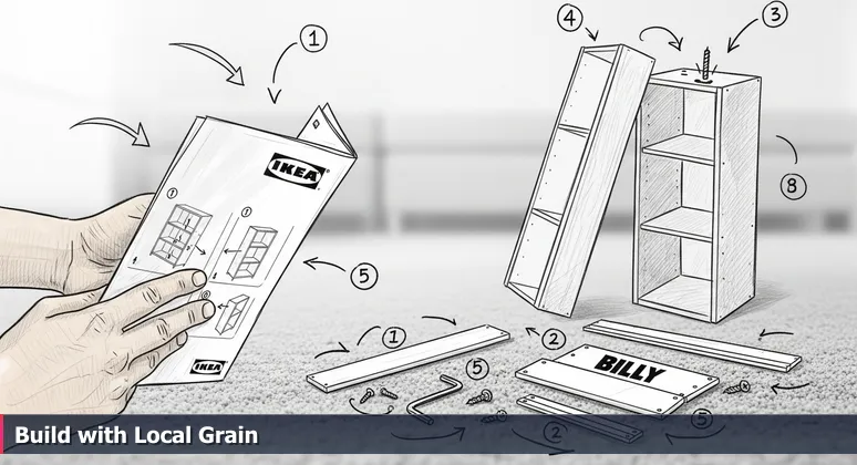 Hands holding an IKEA manual with wooden parts on carpet, with a half-assembled bookshelf leaning against an uneven wall, illustrating AI career building in Little Rock.