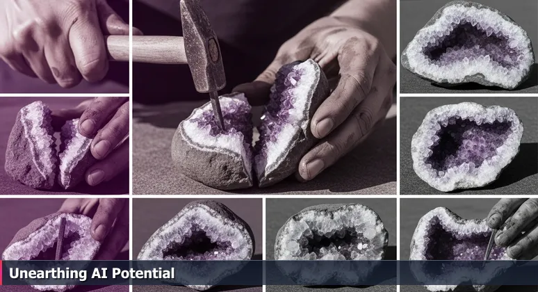 Hands splitting open an Arkansas river rock to reveal gleaming purple and white quartz crystals, symbolizing hidden AI potential in Little Rock.