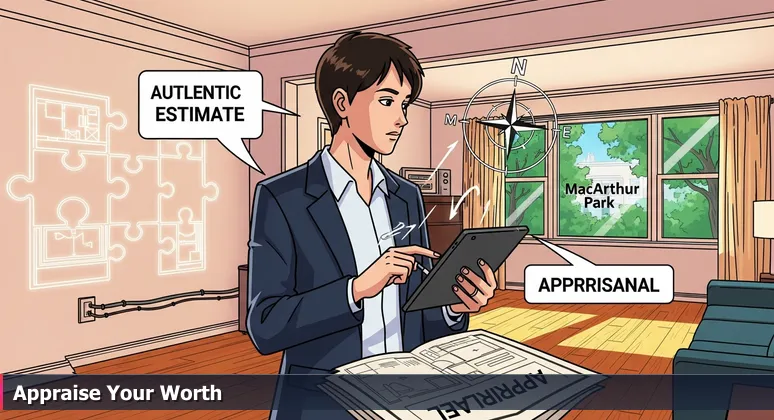 A real estate appraiser in a Little Rock home compares AI salary data on a tablet to the room's authentic features, symbolizing career value assessment.