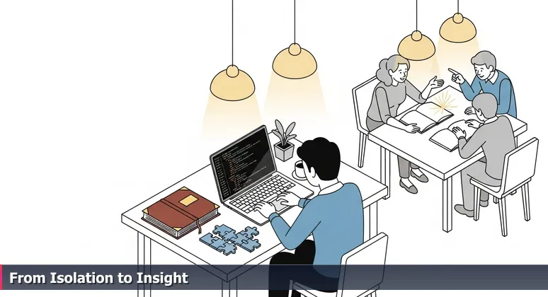 A person struggling alone with AI code on a laptop, while in the background, others network and share ideas in a coffee shop, highlighting community value in AI learning.