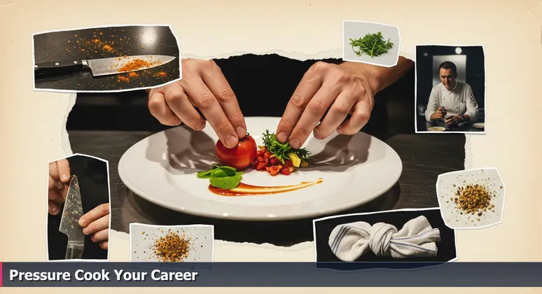 Close-up of hands frantically arranging ingredients in a kitchen competition, symbolizing the high-pressure choice of an AI bootcamp in Little Rock.