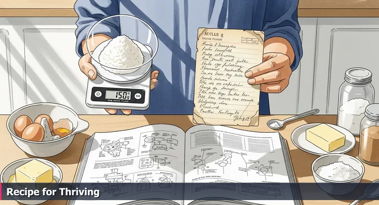 A cook in a kitchen holding a digital scale and a handwritten recipe, symbolizing the balance between precise data and intuitive living costs for tech careers in Little Rock.