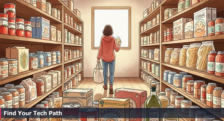 A person in a Little Rock community pantry, surrounded by full shelves, looking overwhelmed yet hopeful, symbolizing abundant free tech training opportunities.