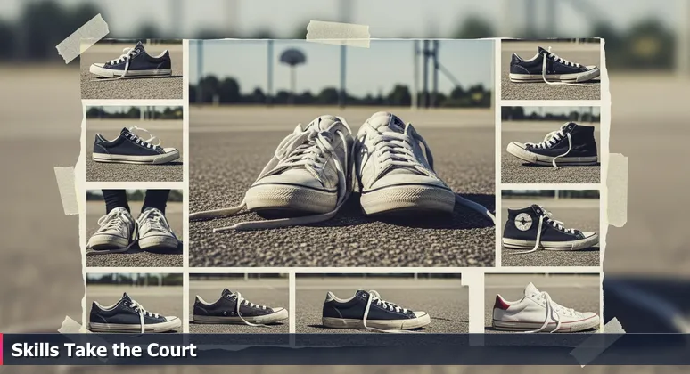 Close-up photo of worn basketball sneakers on a court with a blurred net in the background, representing skill-based hiring in Little Rock tech.