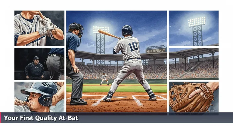 A rookie baseball player in a minor league uniform poised to bat, with a coach nodding from the dugout, symbolizing junior developers entering Little Rock's intimate tech startup scene for their first big opportunity.