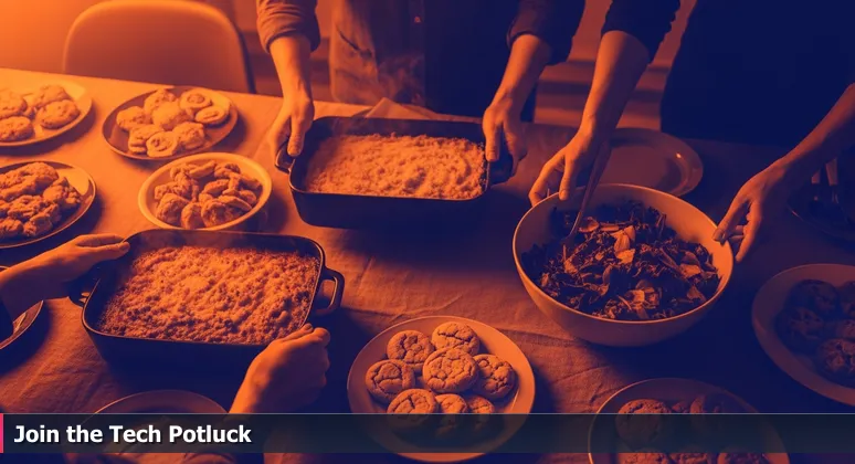 Illustration of a community potluck table with hands placing dishes, symbolizing the collaborative network of women in tech groups in Little Rock, Arkansas.