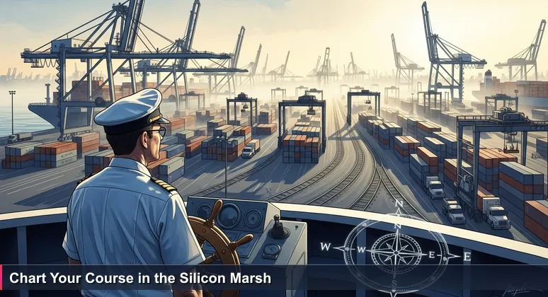 A ship captain gazes at the intricate Port of Savannah at dawn, with towering cranes and stacked containers, symbolizing the complexity of starting an AI career.