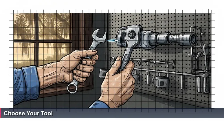 Close-up of hands choosing between tools on a pegboard in a Savannah garage, representing strategic career decisions in tech
