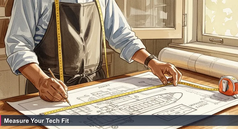 A master tailor in a Savannah workshop measuring a blueprint of a cargo ship's loading system, symbolizing the precision fit of tech careers in the city.