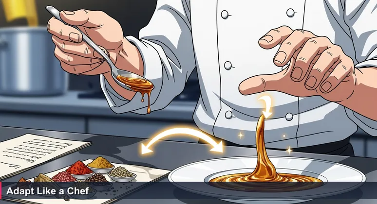 A chef's hands carefully tasting and adjusting the seasoning of a sauce, symbolizing the adaptive skills needed for AI engineering in Savannah.