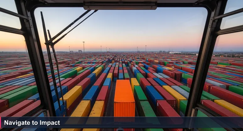 A crane operator's view at dawn from the Port of Savannah, highlighting one shipping container on a screen among a grid of many, symbolizing AI career navigation in industrial settings.