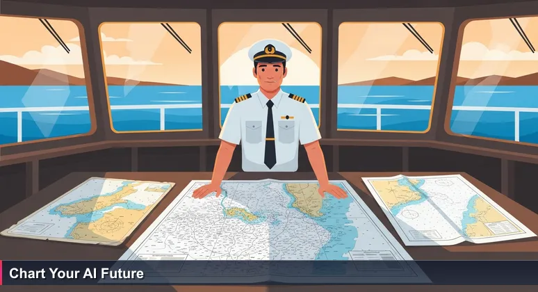 A ship captain in the Savannah River pilot house examines multiple nautical charts, symbolizing the decision to choose an AI bootcamp.