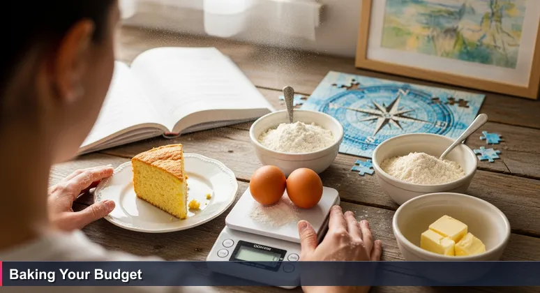 A baker's hands holding a digital kitchen scale with a slice of cake and raw ingredients like flour and eggs, symbolizing the balance between tech salaries and cost of living in Savannah, GA.