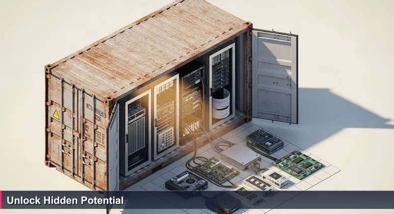 A rusty shipping container at Port of Savannah with doors ajar, revealing high-tech electronics inside, symbolizing hidden career opportunities in free tech training at local public spaces.