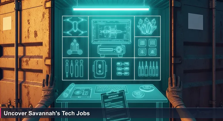 Weathered hands prying open a shipping container at dawn at the Port of Savannah, revealing a high-tech workstation inside, symbolizing hidden career opportunities.