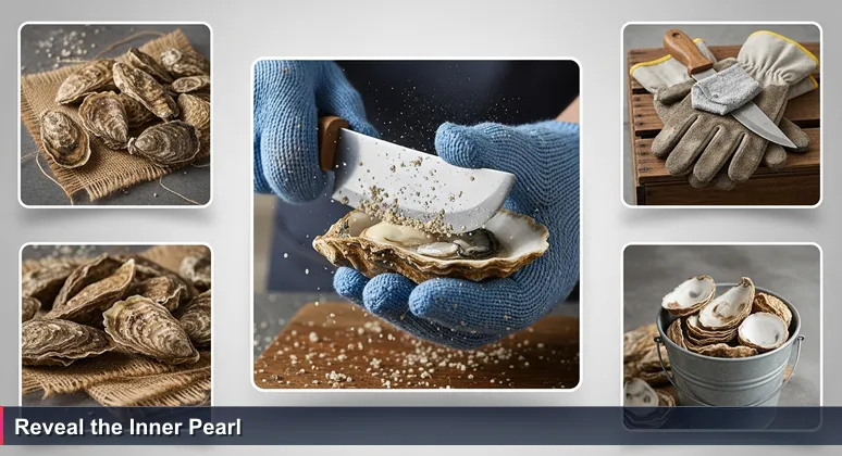 A gloved hand skillfully prying open a rough oyster shell at a Savannah seafood market, revealing the shiny interior, symbolizing hidden opportunities in tech startups for junior developers.