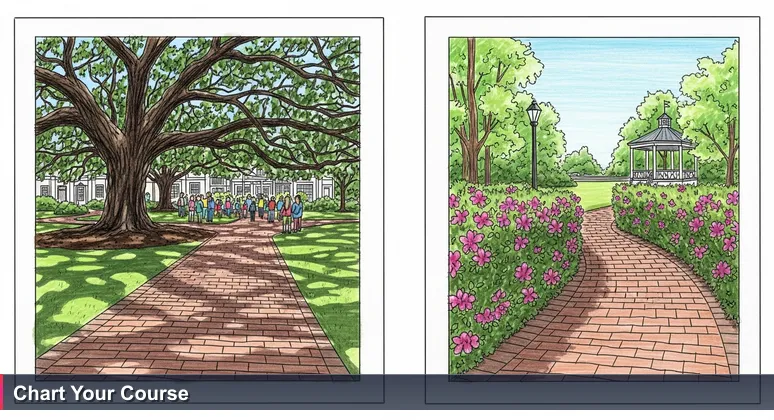 A forking brick pathway in a sunny Savannah square, symbolizing choices in women's tech career resources.