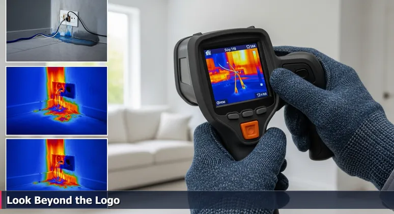 A thermal imaging camera screen showing hidden heat signatures behind a pristine white wall, symbolizing the unseen tech opportunities in Cincinnati's AI job market.