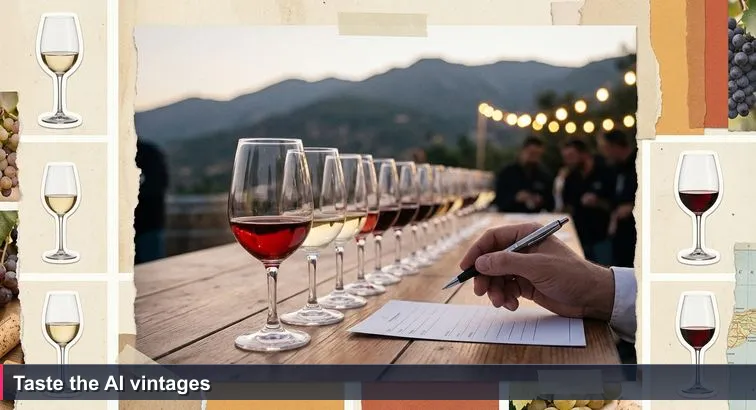 Long wooden table at the Limassol Wine Festival at dusk with ten numbered small wine glasses, a judge’s hand hovering over a scorecard and Troodos silhouette in the background.