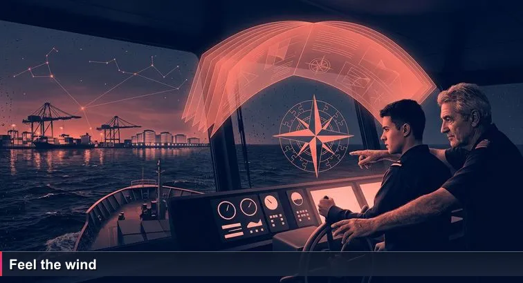 Night-time scene at Limassol port: a young cadet at a ship’s helm with a Cypriot captain guiding him, harbour lights and tech skyline in the distance, wind-tossed sea.