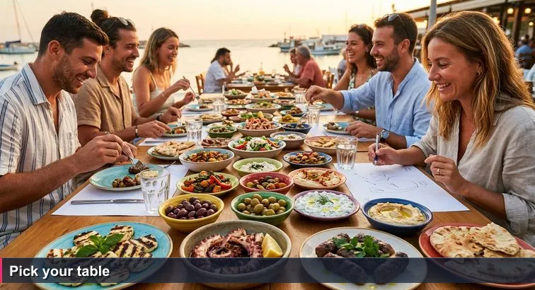 Sunset seaside taverna table in Limassol piled with mezze plates and a paper placemat reading ‘Top 10’, friends debating and a pen poised mid-scribble, playful crowded scene.