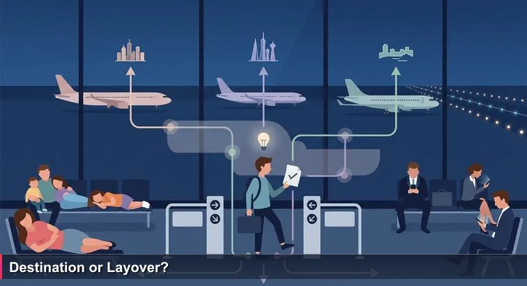 Pre-dawn Larnaca airport: a traveller with a laptop bag hesitates holding a printed job offer while the departures board lists London, Dubai, and Tel Aviv; runway lights glow outside.