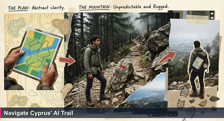 Young Cypriot at a Troodos trailhead holding a colourful hiking map, forked rocky path into pine forest, patches of fog on the ridge and the island’s coastline glinting below.