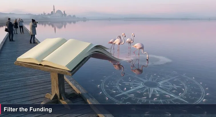 Early winter morning at Larnaca Salt Lake with flamingos standing in shallow water; one flamingo has its head submerged, hinting at hidden resources beneath the calm surface.