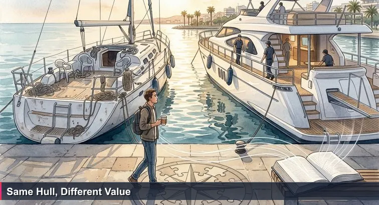 Late afternoon on Limassol seafront showing two similar white yachts moored side by side; a young engineer with a backpack and takeaway coffee studies them, symbolising comparing job offers.