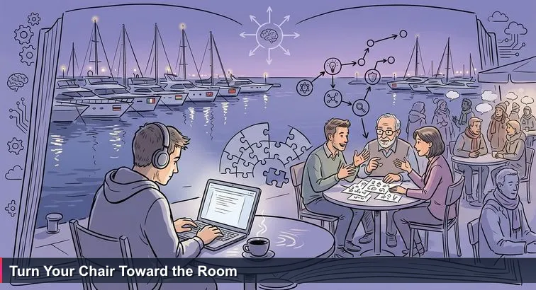 Early evening at Limassol Marina: a young engineer with headphones sits with a laptop facing away from a lively table where founders and an investor sketch an AI idea on a paper napkin.