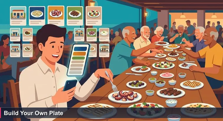 Evening Limassol taverna: a young professional holds a glowing phone showing a Top 10 list while hovering a fork over a spread of mezze plates, locals laugh and pass dishes.